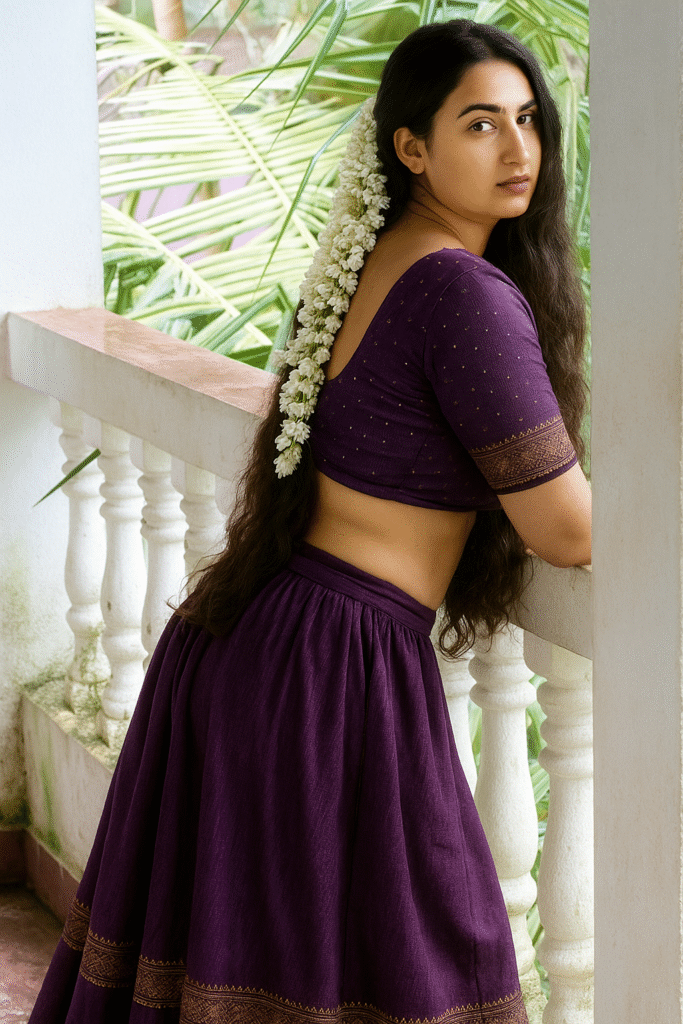 A young woman with long, dark wavy hair, wearing a dark purple lehenga (skirt and blouse). The short-sleeved blouse has subtle polka dot-like patterns and a golden-brown patterned border on the sleeves. The matching skirt also has a golden-brown patterned border at the hem. Her midriff is visible. A long string of white jasmine flowers is tucked into her hair and drapes over her left shoulder and down her back. She is leaning against a white balustrade, looking back at the viewer over her shoulder with a subtle expression. In the background, green foliage is visible.