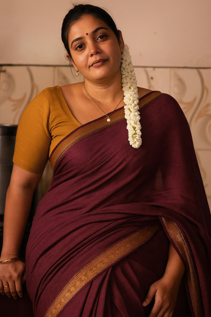A woman with dark hair pulled back and adorned with a long string of white jasmine flowers cascading down her right shoulder. She is wearing a maroon saree with a gold patterned border and a mustard yellow short-sleeved blouse. A delicate gold chain with a pearl pendant is visible around her neck, and a slender gold bangle is on her left wrist. She is leaning slightly forward with her left arm resting on an unseen surface. She looks directly at the viewer with a calm expression. The background appears to be a light-colored wall, possibly in a kitchen or indoor setting.