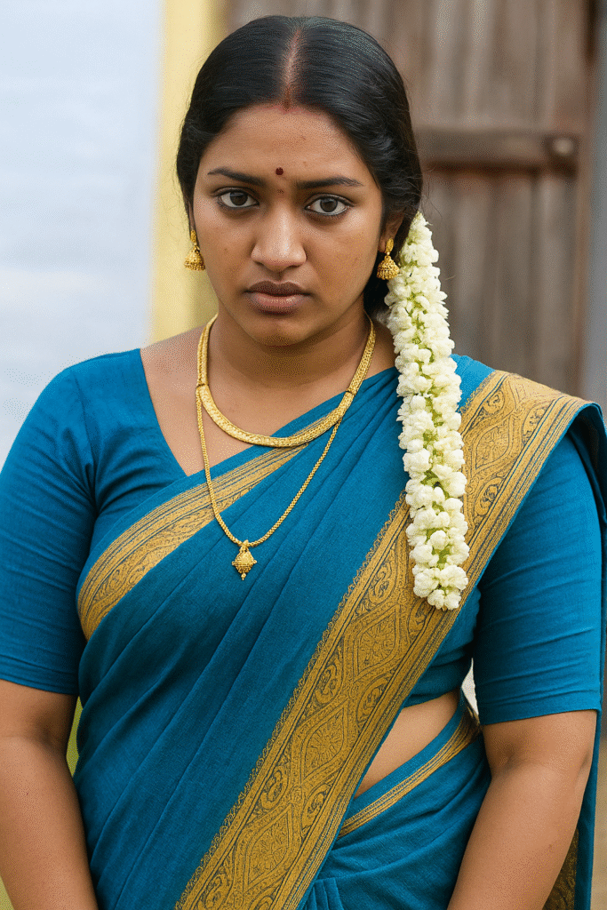 A young woman with dark hair parted in the middle and adorned with a long string of white jasmine flowers cascading down her left side. She is wearing a dark teal saree with a gold patterned border and a matching short-sleeved blouse. A small red bindi is visible on her forehead. She has golden jhumka earrings and two gold necklaces, one a short chain and the other a longer chain with a small gold pendant. She is looking directly at the viewer with a neutral, slightly serious expression. The background is blurred and light-colored, possibly an outdoor setting.
