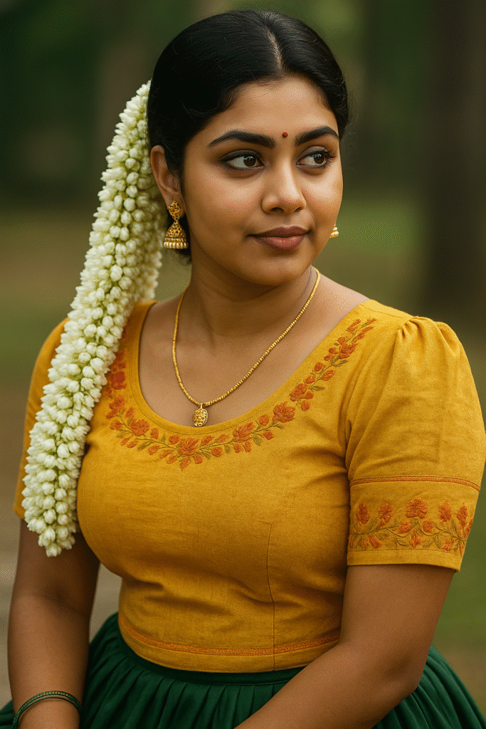 A young woman with dark hair pulled back and adorned with a long string of white jasmine flowers cascading down her left side. She is wearing a mustard yellow short-sleeved blouse with orange floral embroidery around the U-shaped neckline and on the sleeves. A small red bindi is visible on her forehead. She has golden jhumka earrings and a delicate gold chain with a circular pendant around her neck. Her left arm is slightly visible, showing a green bangle. She is looking to her right with a serene expression. The background is blurred green, suggesting foliage or an outdoor setting.