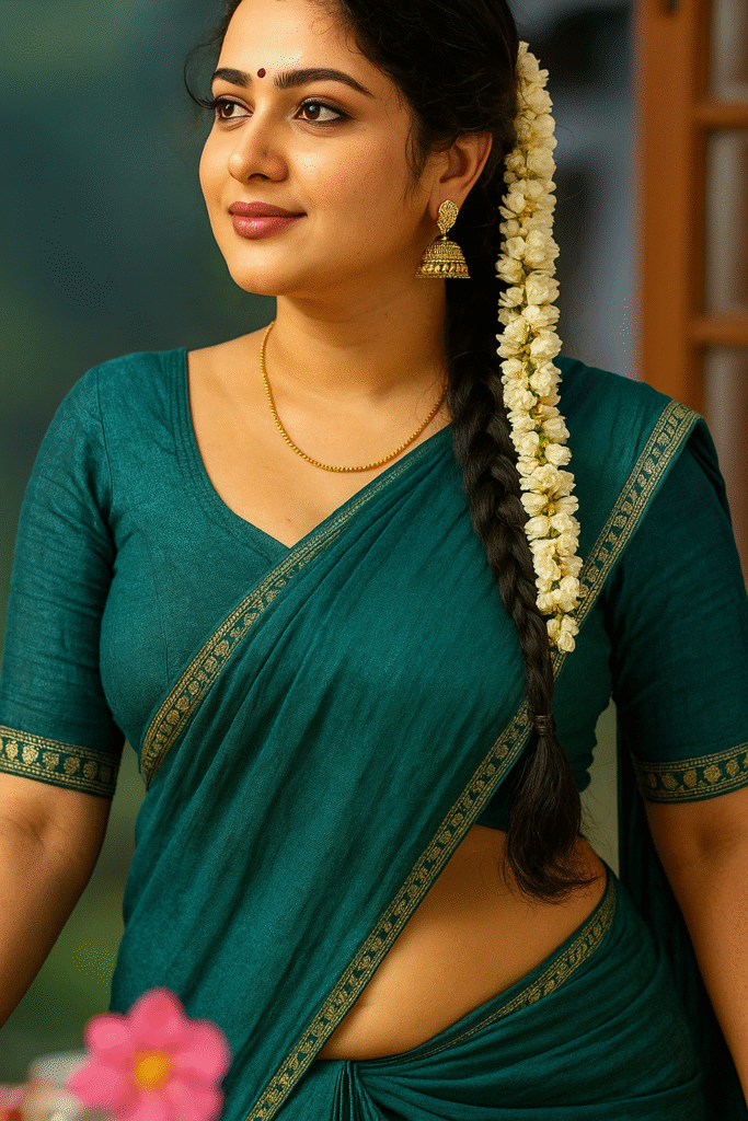 A young woman with long, dark hair braided over her left shoulder and adorned with a long string of white jasmine flowers. She is wearing a dark teal saree with a gold patterned border and a matching short-sleeved blouse. A small red bindi is visible on her forehead. She has golden jhumka earrings and a delicate gold chain around her neck. She is looking slightly to her left with a gentle smile. In the blurred foreground, a pink flower is visible. The background is a soft green, suggesting foliage or an outdoor setting.