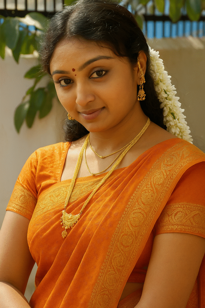 A young woman with long, dark hair, adorned with a long string of white jasmine flowers cascading down her right side. She is wearing a bright orange saree with a detailed gold patterned border and a matching short-sleeved blouse with a square neckline. A small red bindi is visible on her forehead. She has golden jhumka earrings and two gold necklaces, one short and one long with a large ornate pendant. She is looking slightly upwards and to her right, with a gentle smile. The background is a soft, light color with some blurred green foliage at the top left and a blue-and-white striped element at the top right.