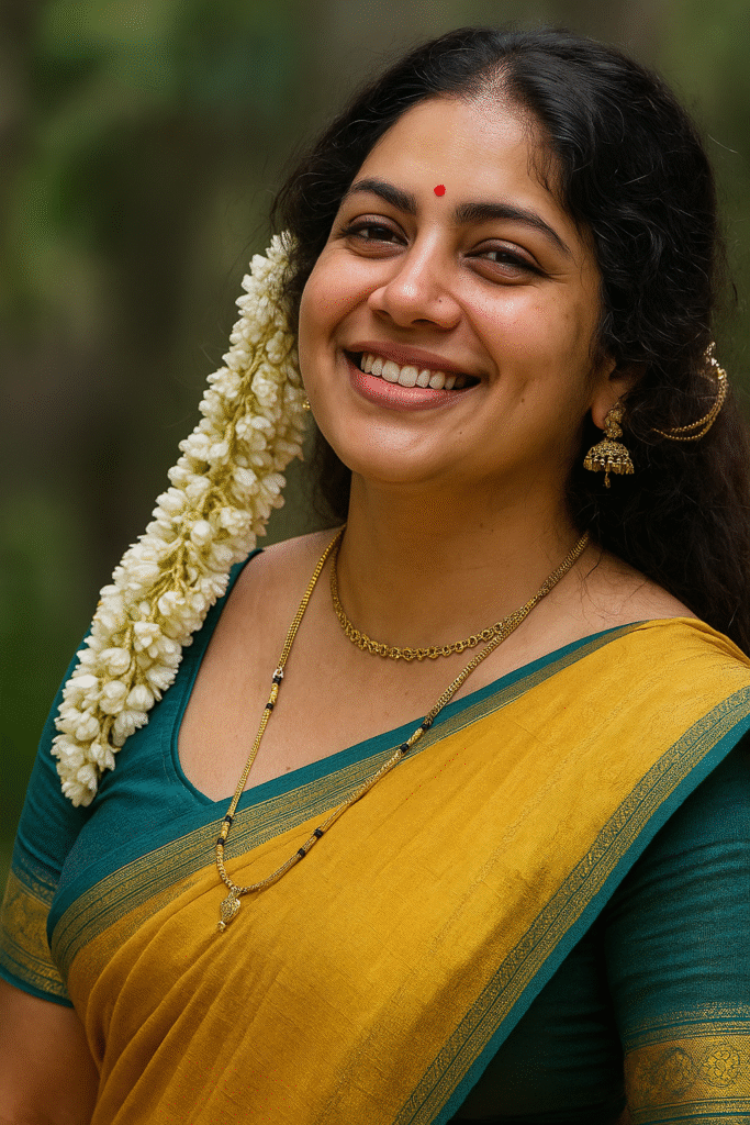 A smiling woman with dark, wavy hair pulled back and adorned with a long string of white jasmine flowers cascading down her left side. She is wearing a mustard yellow saree with a dark teal border and a matching short-sleeved blouse. A small red bindi is visible on her forehead. She has golden jhumka earrings and two gold necklaces, one a short chain and the other a longer chain with black beads and a small pendant. She is looking slightly upwards and to her right, with a wide, joyful smile, revealing her teeth. The background is blurred green, suggesting foliage or an outdoor setting.