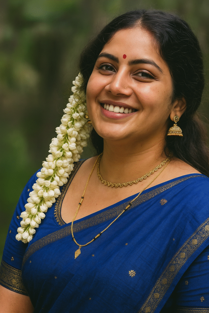 A smiling woman with dark hair pulled back and adorned with a long string of white jasmine flowers cascading down her left side. She is wearing a royal blue saree with a thin gold patterned border and small gold motifs, and a matching short-sleeved blouse. A small red bindi is visible on her forehead. She has golden jhumka earrings, a short gold necklace with a textured design, and a longer gold chain with a small leaf-shaped pendant and black beads. She is looking directly at the viewer with a wide, joyful smile, revealing her teeth. The background is blurred green, suggesting foliage or an outdoor setting.