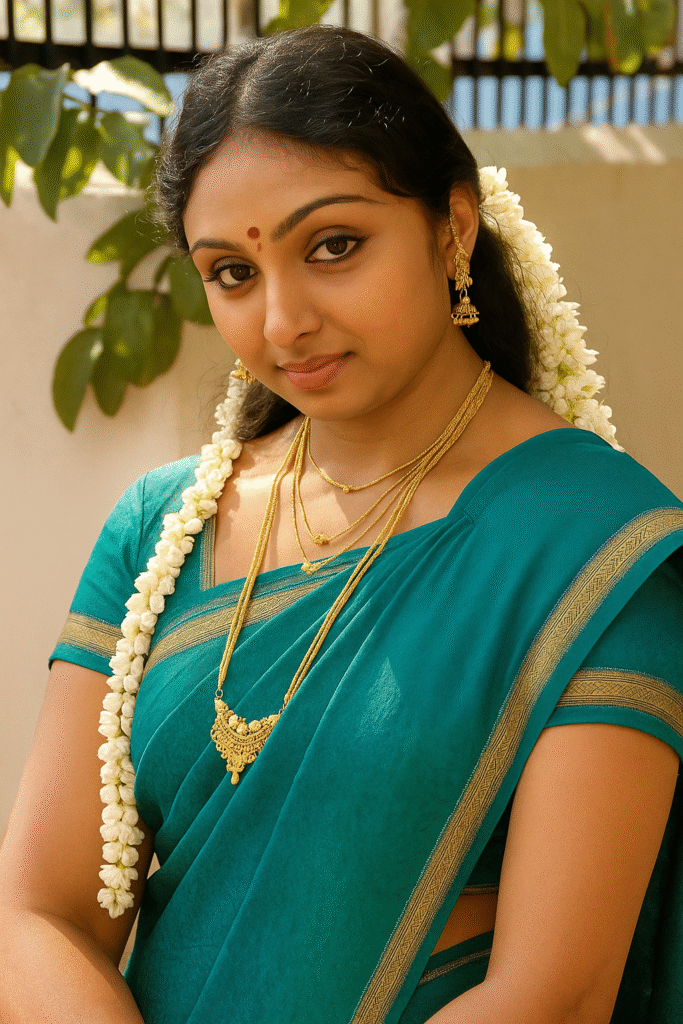 A young woman with long, dark hair, adorned with a long string of white jasmine flowers cascading down her left side. She is wearing a dark teal saree with a thin gold patterned border and small gold motifs, and a matching short-sleeved blouse. A small red bindi is visible on her forehead. She has golden jhumka earrings and two gold necklaces, one short and one long with a large ornate pendant. She is looking directly at the viewer with a gentle smile. The background is a light-colored wall with some blurred green foliage and a patterned lattice structure at the top.