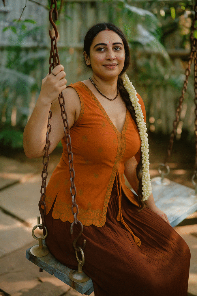 A woman with long dark hair, styled in a braid adorned with white flowers, sits on a wooden swing. She is wearing an orange, V-neck top with intricate embroidery around the neckline and hem, paired with a long, brown skirt. She has a bindi on her forehead and a necklace around her neck. Her left arm is resting on the metal chain of the swing, and she is looking towards the right with a gentle smile. The background is softly blurred with hints of greenery and what appears to be part of another swing.