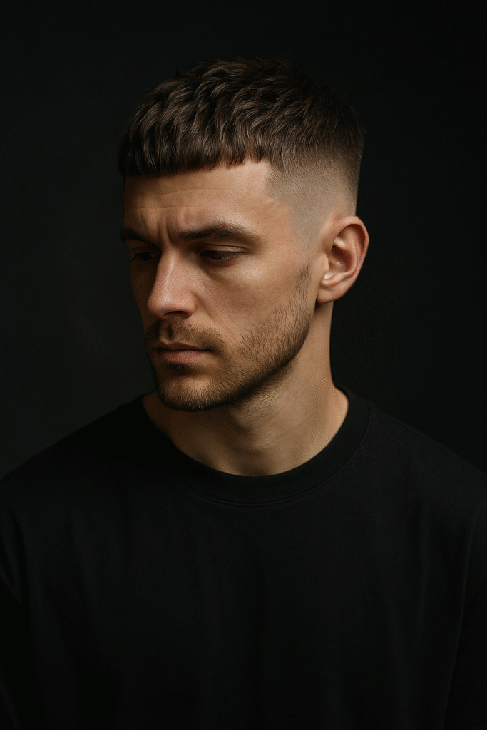 A headshot of a man with short, textured brown hair and a fade on the sides, looking downwards and to his left with a pensive expression. He has a short beard and is wearing a black crew-neck t-shirt. The background is a solid dark gray or black, putting the focus entirely on the man's face and expression.