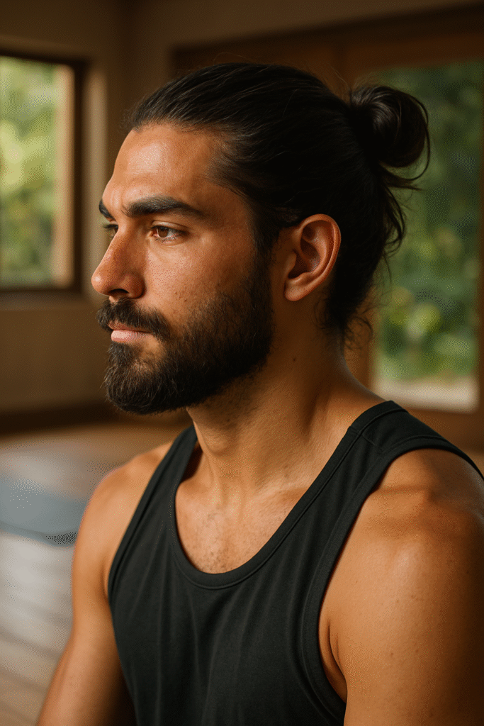 A close-up profile shot of a man with dark hair tied in a bun at the back of his head and a full beard, looking thoughtfully to his left. He is wearing a black sleeveless tank top. The lighting highlights his strong jawline and the texture of his beard. The background is a softly blurred indoor setting with hints of natural light coming through windows, suggesting a peaceful or meditative environment.