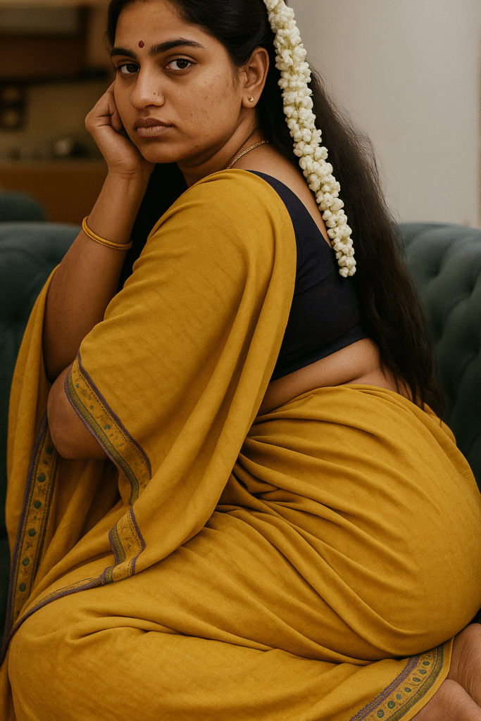 A young woman with long, dark hair, adorned with a long string of white jasmine flowers, sits on a dark green sofa. She is wearing a mustard yellow saree draped over a dark blue or black blouse. A small red bindi is visible on her forehead, and a gold chain around her neck. Her left elbow rests on the sofa arm, and her left hand is holding her chin, while her right hand is out of view. She is looking slightly off to her left with a pensive expression. The background is simple and out of focus.