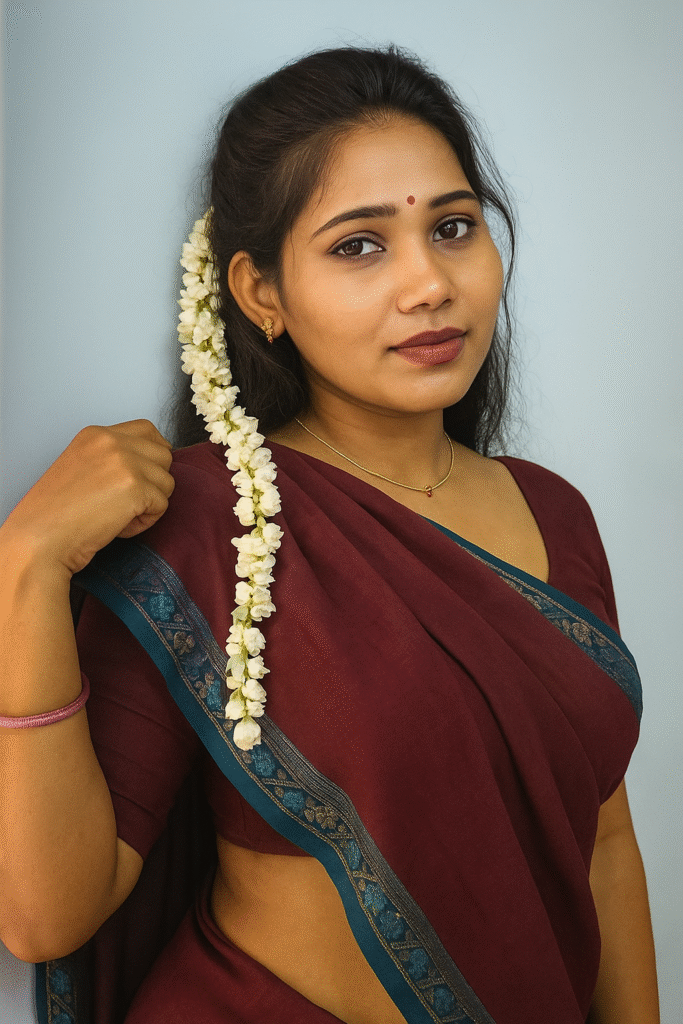 A young woman with dark hair partially pulled back, wearing a maroon saree with a blue and patterned gold border and a short-sleeved maroon blouse. Her midriff is subtly visible. A long string of white jasmine flowers is tucked into her hair and draped over her left shoulder. She has a red bindi on her forehead, a delicate gold chain with a small red bead, and a light pink bangle on her left wrist. Her right hand is raised to her shoulder, and she is looking directly at the camera with a subtle smile. The background is a plain blue wall.