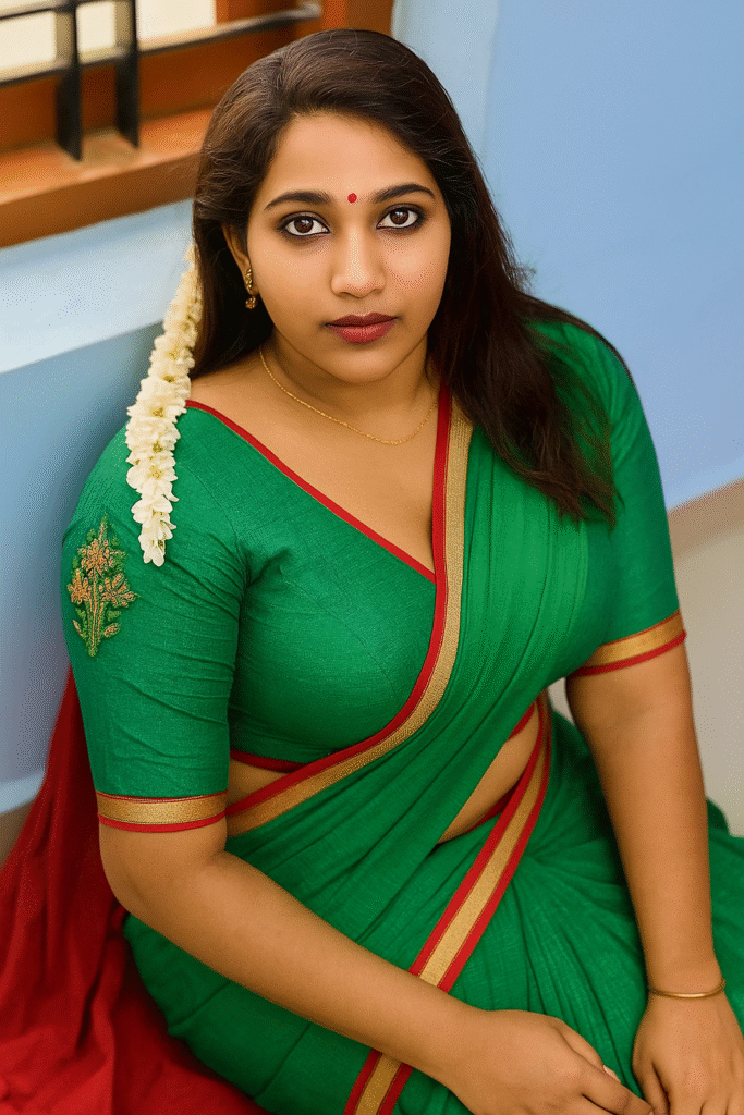 A young woman with long, dark hair, wearing a green saree with a red and gold patterned border. She is sitting with her legs folded to the side. Her short-sleeved blouse is green with red trim around the V-neck and a gold embroidered floral design on the left shoulder. Her midriff is visible. A string of white jasmine flowers is tucked into her hair and hangs over her left shoulder. She has a red bindi on her forehead, a delicate gold chain, and small gold earrings. Her right hand is resting on her knee, and she is looking directly at the camera with a neutral expression. The background is a plain blue wall on the left and a darker, possibly wooden, framed area on the right.