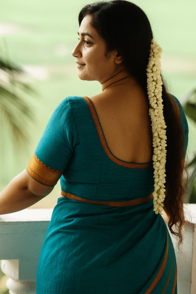 A young woman with long, dark hair, adorned with a long string of white flowers (gajra), is captured from behind, looking towards the right side of the frame. She is wearing a teal-colored saree with a subtle orange and golden border, draped in a traditional style that reveals her back. The setting appears to be an outdoor balcony with a light-colored railing and green foliage in the background, suggesting a serene and natural environment.