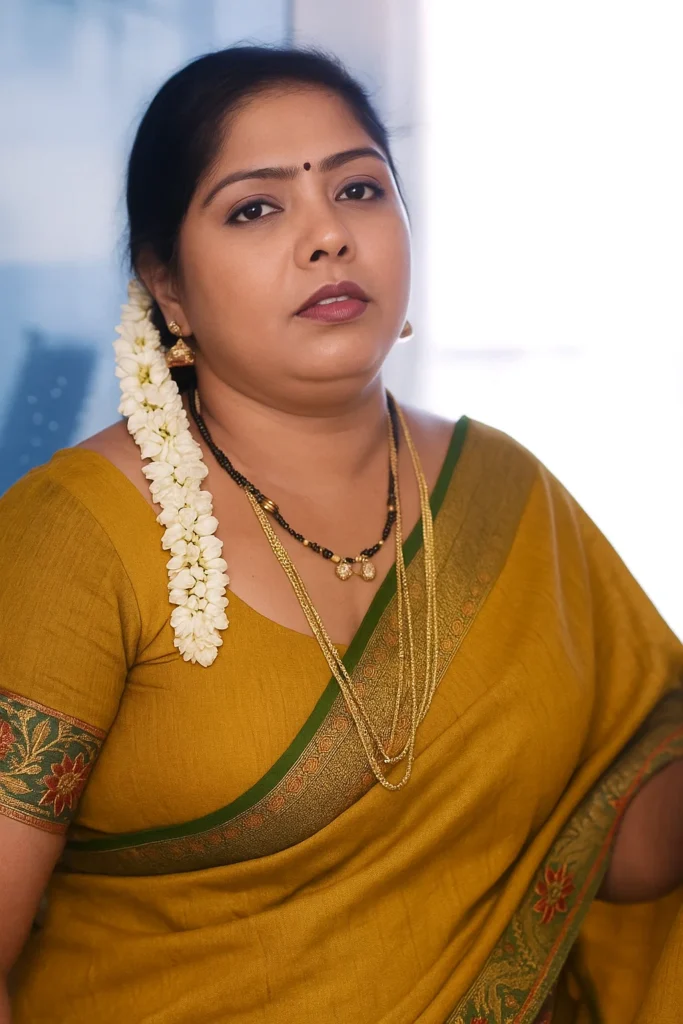 A woman with dark hair pulled back, wearing a mustard yellow saree with a dark green and floral patterned border. A long string of white jasmine flowers is tucked into her hair and hangs over her left shoulder. She has a small red bindi on her forehead and is wearing a black beaded necklace with a gold pendant, along with multiple layers of gold chains and gold earrings. She is looking directly at the camera with a serious expression.