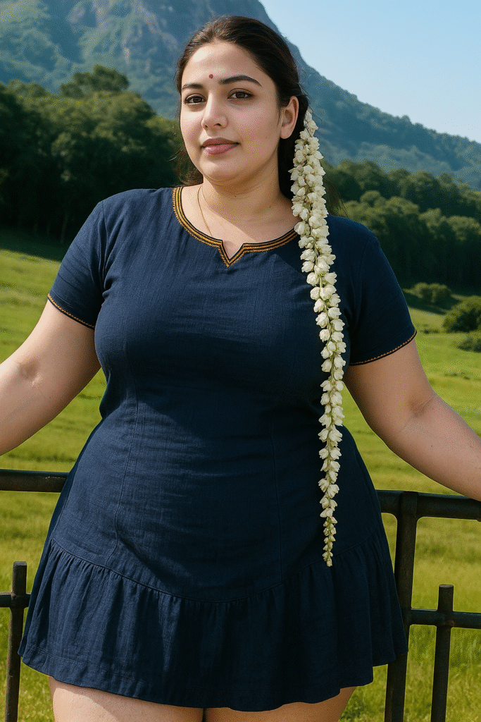 A medium shot captures a woman standing outdoors with a serene expression, looking directly at the viewer. Her dark hair is styled with a long string of white flowers woven into the right side, cascading over her shoulder. She is wearing a dark blue, short-sleeved dress with a V-neckline adorned with a subtle yellow and black embroidered trim. Her arms are bent, resting on what appears to be a dark metal railing in front of her. The background features a vibrant green, hilly landscape under a bright sky, suggesting a natural, possibly mountainous, setting.