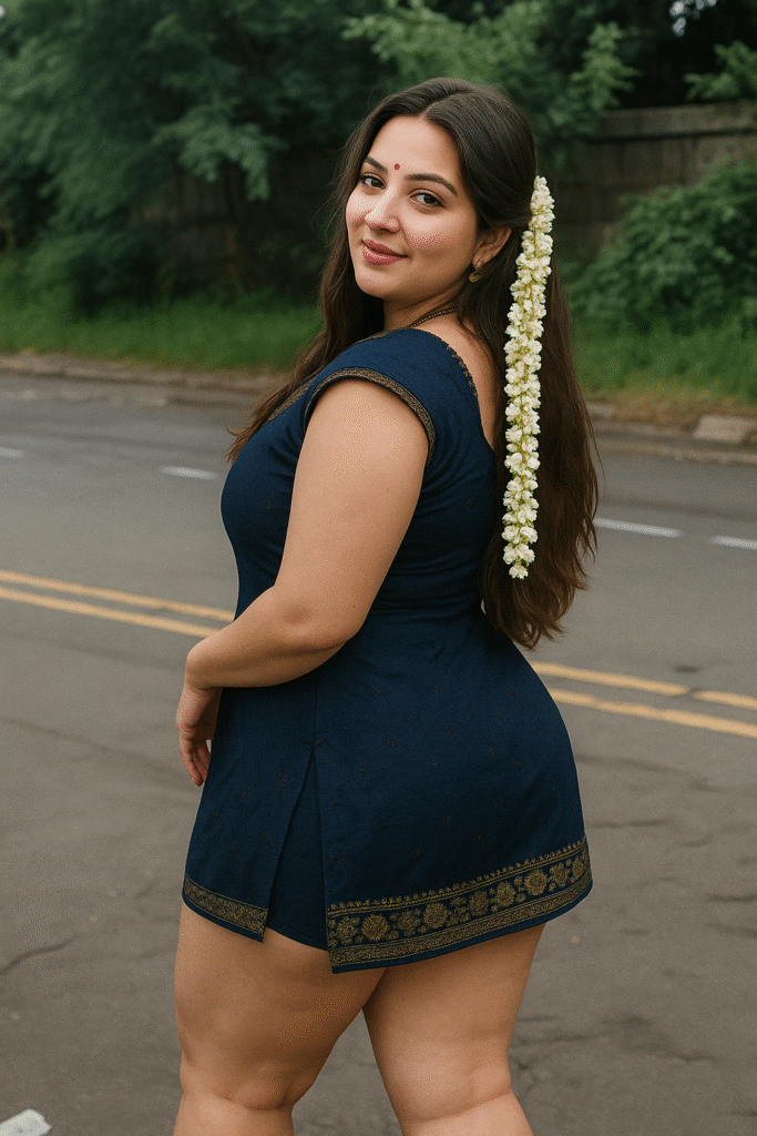 A full-body shot captures a woman from behind, turned slightly to her left, looking back over her shoulder at the viewer with a gentle smile. She has long, dark hair with a string of white flowers woven into the right side, cascading down her back. She is wearing a dark blue short dress or tunic with short sleeves and a small slit on each side of the hem. The bottom hem of the dress features an intricate gold and dark-colored embroidered border with a repeating pattern. Her legs are visible, and she appears to be standing on an asphalt road with faint white markings. The background is blurred, showing green foliage and more of the road.