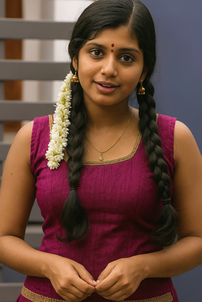A medium shot captures a young woman looking directly at the viewer with a soft, inviting smile. She has dark hair styled in two thick braids that fall over each shoulder. A string of white flowers is woven into the braid on her left side. A small red bindi is visible on her forehead, and she is wearing small gold dangle earrings and a delicate gold chain with a tiny pendant. She is dressed in a sleeveless, magenta-colored top with a square neckline, featuring a subtle gold embroidered border around the neck and a more elaborate gold and maroon patterned border at the bottom hem. Her hands are clasped gently in front of her. The background is softly blurred, showing a grey slatted structure and a dark blue or purple wall.