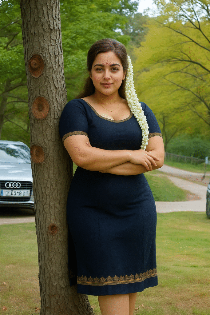 A full-body shot captures a woman standing leaning against a tree trunk, looking directly at the viewer with a soft smile. She has dark hair styled with a long string of white flowers woven into the right side, draped over her shoulder. A small red bindi is visible on her forehead. She is wearing a dark blue, short-sleeved dress with a rounded neckline and subtle gold embroidery along the cuffs and the bottom hem. Her arms are crossed in front of her. The tree trunk is light brown with circular patterns. In the blurred background, there's a grassy area, lush green trees, and parts of parked cars, suggesting an outdoor setting like a park or garden.