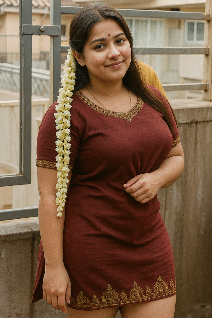 A medium shot captures a young woman with warm, soft lighting, highlighting her gentle expression as she smiles slightly, looking directly at the viewer. She has dark hair, parted on the side, with a long strand of white flowers cascading down the right side of her head, trailing past her shoulder. She is wearing a dark reddish-brown short dress or tunic with intricate gold embroidery along the V-neckline and the bottom hem. The embroidery features a repeating pattern of stylized floral or paisley motifs. Her left hand is subtly resting on her abdomen. The background is softly blurred, showing hints of a light-colored building or wall and a metal railing.