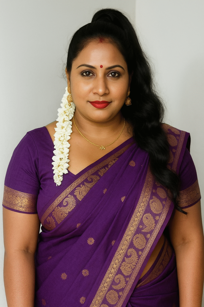 A woman with dark hair pulled into a high ponytail, wearing a vibrant purple saree with a gold patterned border featuring paisleys and other motifs. She has a red bindi on her forehead and is wearing a gold chain with a small pendant and large, ornate gold earrings. A long string of white jasmine flowers is tucked into her hair and drapes over her left shoulder. She is looking directly at the camera with a gentle smile. The background is a plain, light-colored wall.