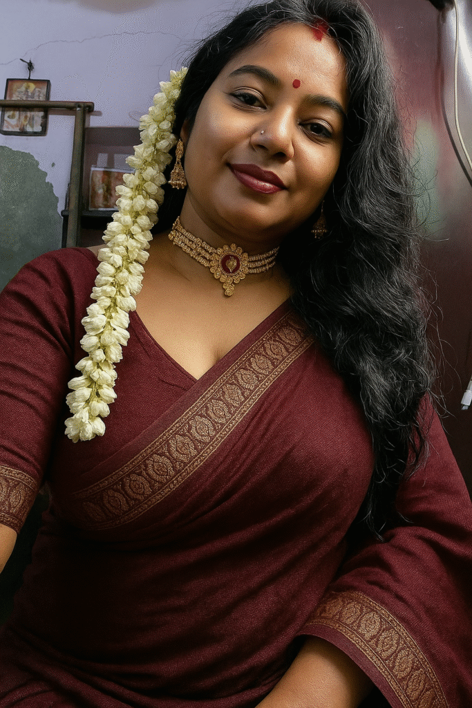 A woman with dark, flowing hair, wearing a deep maroon saree with a patterned gold border. She is smiling and looking slightly to her left. Her hair is adorned with a long string of white jasmine flowers draped over her left shoulder. She is wearing a gold choker necklace with a large red and gold pendant, and matching gold earrings. Her right hand is gently touching her hair. The background is an indoor setting with framed pictures visible on a wooden wall.