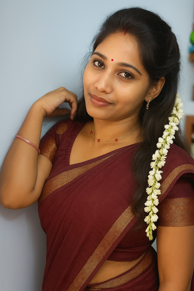 A young woman with long, dark hair, wearing a deep maroon saree with a gold patterned border and a short-sleeved maroon blouse. Her midriff is subtly visible, and she has a small red bindi on her forehead. A long string of white jasmine flowers is tucked into her hair and draped over her left shoulder. She is wearing a delicate gold chain with a small red bead and small gold earrings. Her left hand is raised, gently touching her hair, and she is looking directly at the camera with a soft smile. The background is a plain blue wall.
