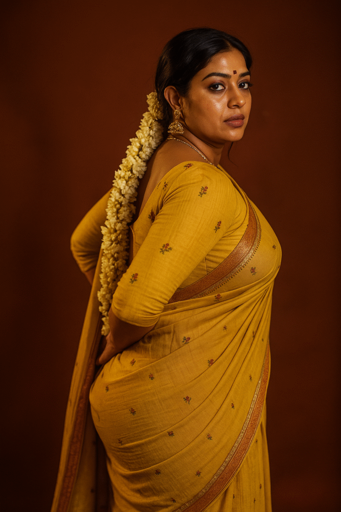 A woman with dark hair pulled back, wearing a mustard yellow saree with a gold and reddish-brown border and subtle floral motifs. She is standing with her body angled to the left, looking back over her right shoulder directly at the camera with a neutral to slightly serious expression. A long string of white jasmine flowers is tucked into her hair and draped over her left shoulder. She is wearing traditional gold jhumka earrings and a thin gold chain. Her hands are placed behind her back. The background is a plain, dark reddish-brown color.