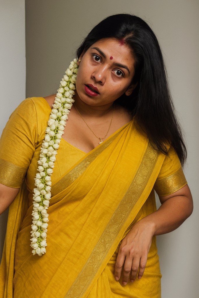 A woman with long, dark hair, wearing a mustard yellow saree with a dark green and floral patterned border. A long string of white jasmine flowers is tucked into her hair and hangs over her left shoulder. She has a small red bindi on her forehead and is wearing a black beaded necklace with a gold pendant, along with multiple layers of gold chains and gold earrings. She is looking directly at the camera with a serious expression.