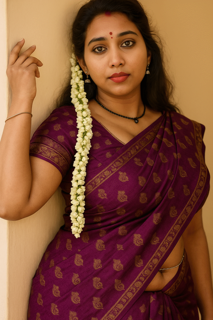 A woman with long, dark wavy hair, wearing a deep purple saree with gold patterned borders. Her midriff is subtly visible, adorned with a thin silver waist chain. She has a red bindi on her forehead and is wearing a black beaded necklace with a gold pendant, a delicate gold chain, and small dangling earrings. A long string of white jasmine flowers is tucked into her hair and drapes over her left shoulder. Her right hand is raised, gently touching the wall behind her, and she is looking directly at the camera with a neutral expression. The background is a plain, light-colored wall.