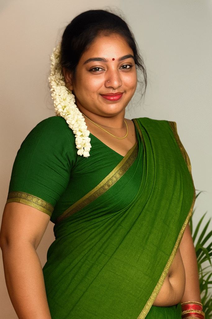 A smiling woman with dark hair pulled back, wearing a dark green saree with a gold patterned border along the edges of the fabric and sleeves. A string of white jasmine flowers is tucked into her hair and draped over her left shoulder. She has a red bindi on her forehead and is wearing a delicate gold chain. Her right arm is slightly bent, and she is looking directly at the camera. In the blurred background, a green plant is partially visible on the right.