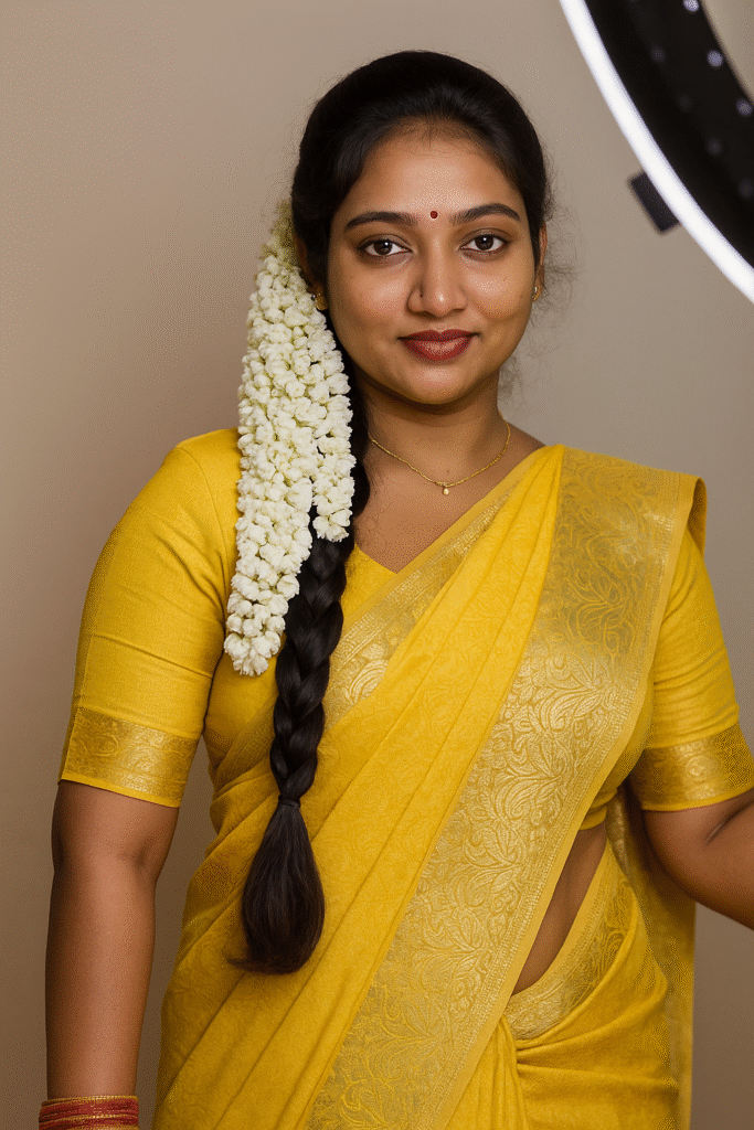 A woman with long, dark hair, wearing a yellow saree with a gold patterned border and a short-sleeved yellow blouse with a matching border. Her hair is styled in a long braid adorned with a string of white jasmine flowers, which falls over her left shoulder. She has a red bindi on her forehead, a delicate gold chain, and red and gold bangles on her left wrist. She is looking directly at the camera with a slight smile. A ring light is visible in the upper right background.
