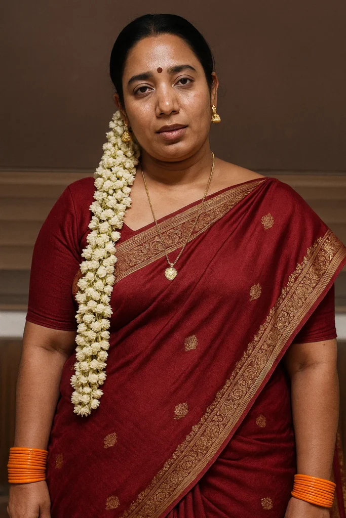 A woman with dark hair pulled back, adorned with a long, thick string of white jasmine flowers (gajra) draped over her left shoulder, stands facing forward with a neutral expression. She is wearing a deep maroon saree with a golden border featuring intricate patterns, draped in a traditional style. She has a small red bindi on her forehead, a delicate gold chain with a small pendant, and gold jhumka earrings. On her right wrist, she wears several bright orange bangles. The background is a soft, light brown, out of focus, highlighting the subject.