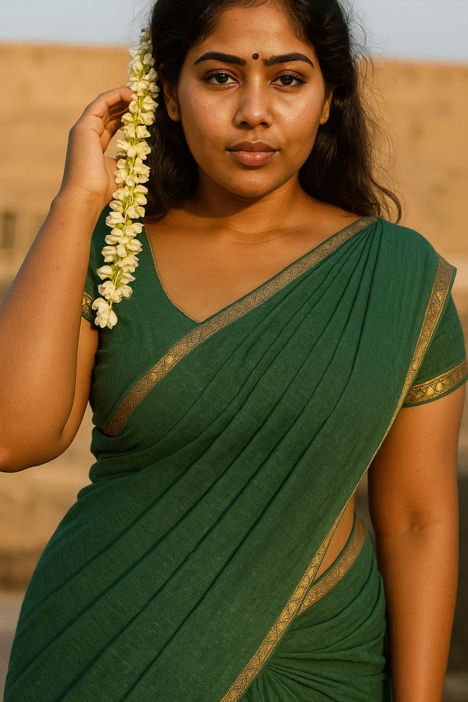 A young woman with long, dark hair, wearing a dark green saree with a gold patterned border along the edges of the fabric and sleeves. She has a small red bindi on her forehead and is looking directly at the camera with a subtle expression. A long string of white jasmine flowers is tucked into her hair and draped over her left shoulder. Her right hand is raised, gently touching the flowers near her ear. The background is blurred, showing a light brown or tan structure, possibly steps or a wall, in an outdoor setting.