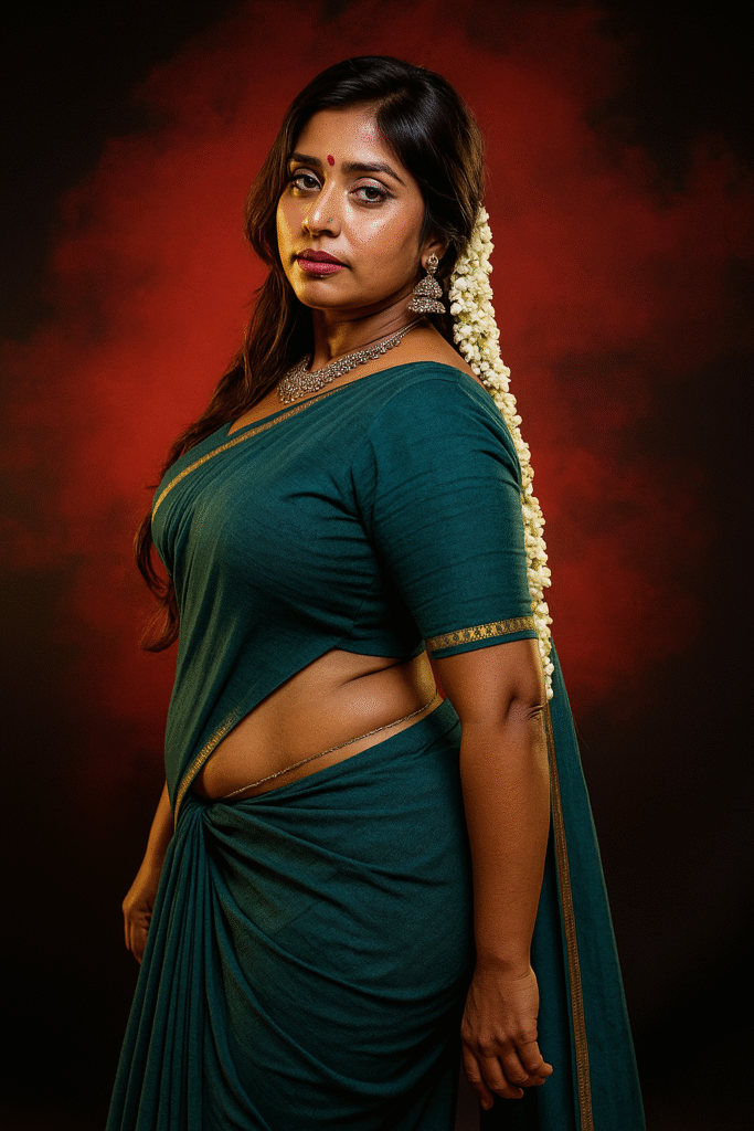 A woman with long, dark hair, wearing a dark teal or blue-green saree with a thin gold border. She is standing with her body angled to the left, looking back over her left shoulder towards the viewer with a serious expression. A long string of white jasmine flowers is tucked into her hair and draped over her right shoulder. She is wearing a silver necklace, silver jhumka earrings, and a delicate gold waist chain that highlights her midriff. Her red bindi is visible on her forehead. The background is a dark, gradient mix of red and black, creating a dramatic effect.