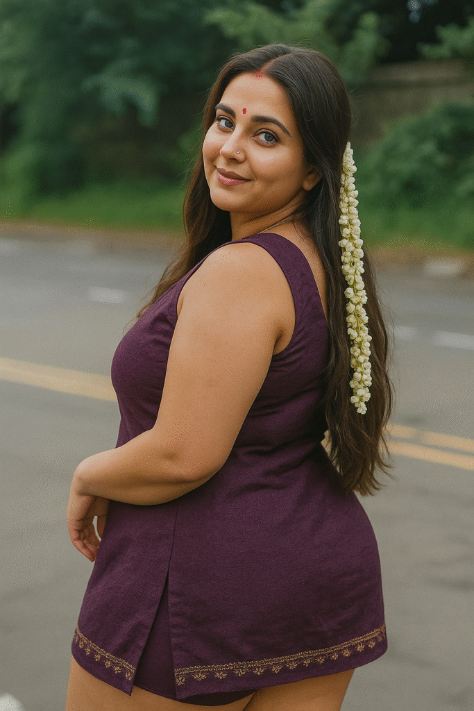 A full-body shot captures a young woman from behind, turned slightly to her left, looking back over her right shoulder at the viewer with a gentle smile. She has long, dark hair with a string of white flowers woven into the right side, cascading down her back. A small red bindi is visible on her forehead. She is wearing a sleeveless, dark purple or plum-colored short dress or tunic with a small slit on each side of the hem. The bottom hem of the dress features an intricate gold and dark-colored embroidered border with a repeating pattern. Her legs are visible, and she appears to be standing on an asphalt road with faint white markings. The background is blurred, showing green foliage and more of the road.