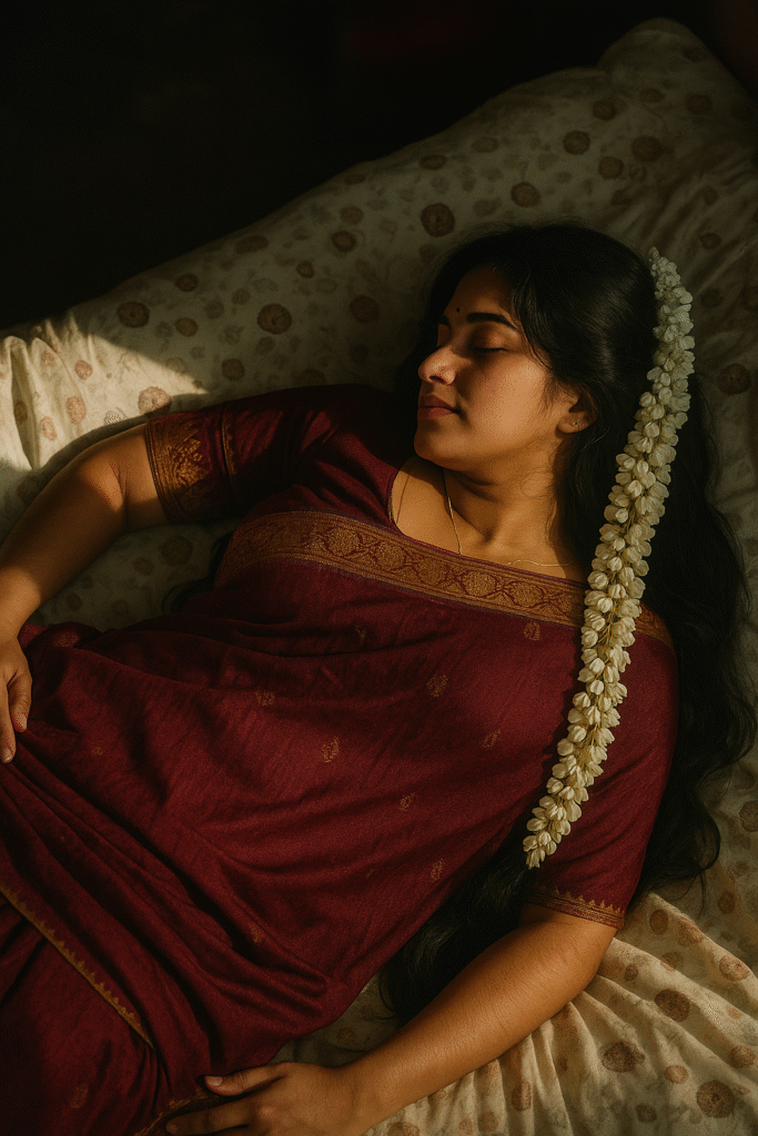 A young woman with long, dark hair, lying on a patterned bedspread, seemingly asleep or in a state of repose. She is wearing a deep red saree with a gold patterned border along the edges of the fabric and sleeves. Her eyes are closed, and her face is softly illuminated by a shaft of natural light. A long string of white jasmine flowers is tucked into her hair and draped over her left shoulder and down her back. A delicate gold chain is visible around her neck.