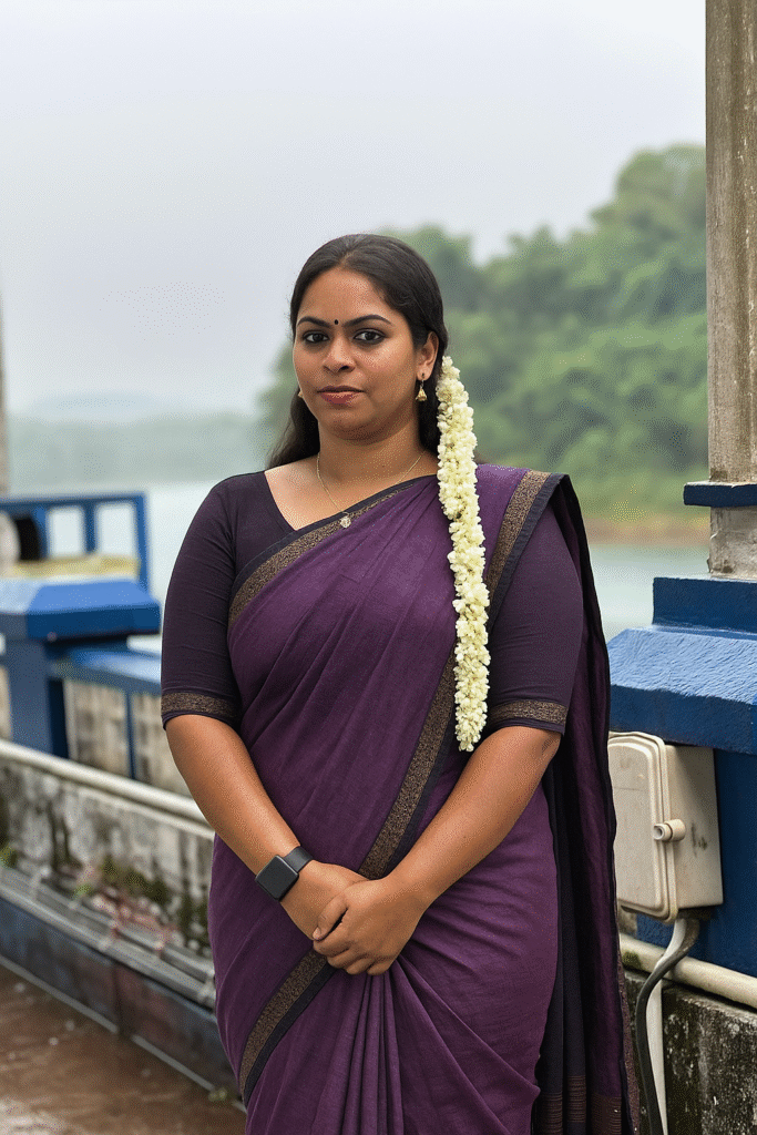 A woman with dark hair, styled in a side part and adorned with a long string of white flowers (gajra) cascading down her right side, stands facing forward. She is wearing a deep purple saree with a subtle gold and black border, paired with a matching dark blouse. Her hands are clasped in front of her. She has a bindi on her forehead and is wearing small earrings and a necklace. A black smartwatch is visible on her left wrist. The background features a body of water, green foliage, and what appears to be part of a structure or dam in shades of blue and gray, under an overcast sky.