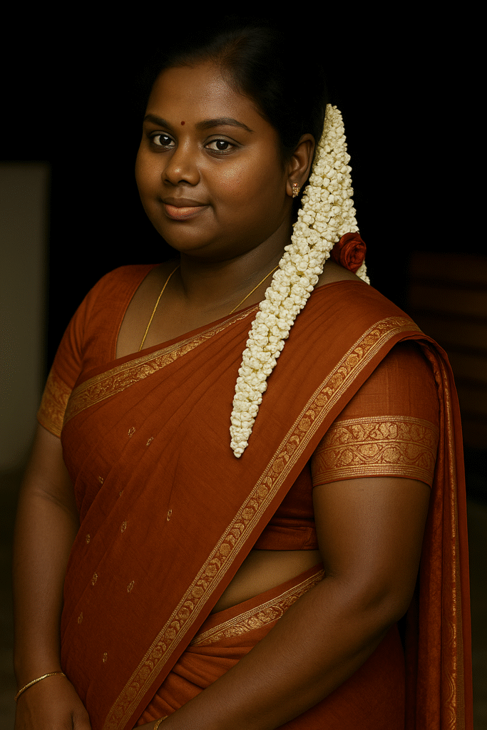 A woman with dark skin and a bindi on her forehead looks directly at the viewer with a slight smile. Her dark hair is pulled back and adorned with a long, thick string of white jasmine flowers (gajra) cascading down her right side, with a touch of red visible near her ear. She is wearing a rust-colored saree with a golden border featuring intricate patterns, draped in a traditional style. She is also wearing a delicate gold chain and thin gold bangles on her left wrist. The background is dark and out of focus, highlighting the subject.