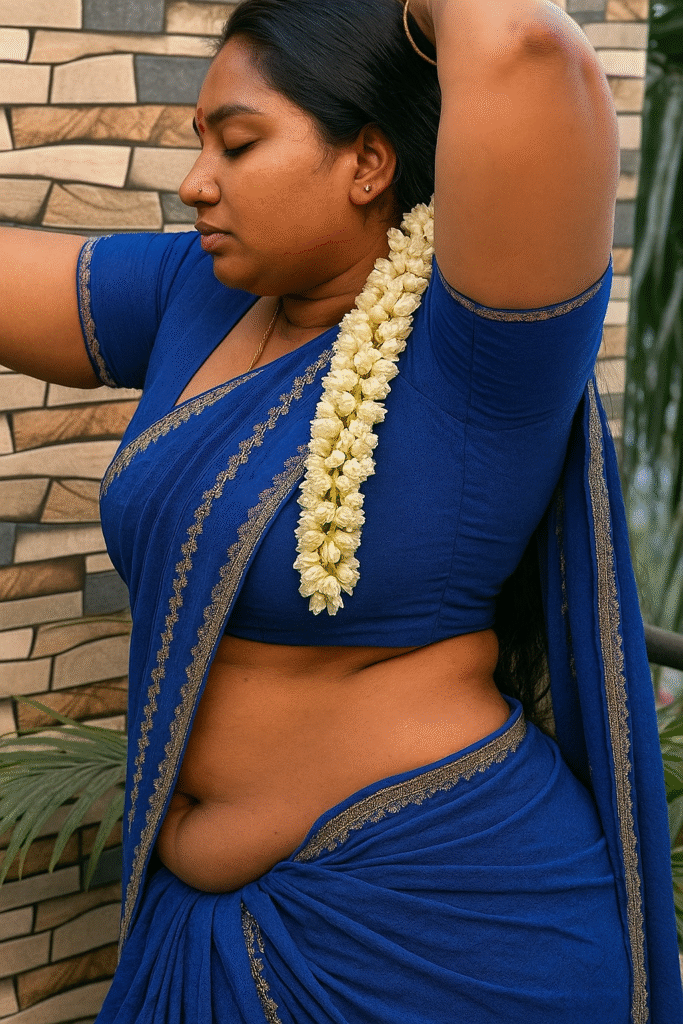 A woman with dark hair pulled up, wearing a blue saree with a gold patterned border along the edges of the fabric. Her midriff is visible. She has her arms raised, with her hands near her head, and her eyes are closed, looking down. A long string of white jasmine flowers is draped over her left shoulder. A red bindi is on her forehead. She is outdoors with a blurred brown brick wall and some green foliage in the background.