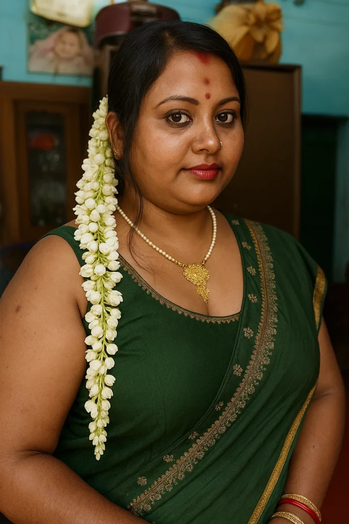A woman with dark hair and a warm expression, wearing a dark green saree or top with gold embroidery along the border of the neckline. She has a red bindi on her forehead and a small nose piercing. A long string of white jasmine flowers is draped over her left shoulder. She is wearing a pearl necklace with a prominent gold pendant and red bangles on her right wrist. She is looking directly at the camera with a slight smile. The background is softly blurred.