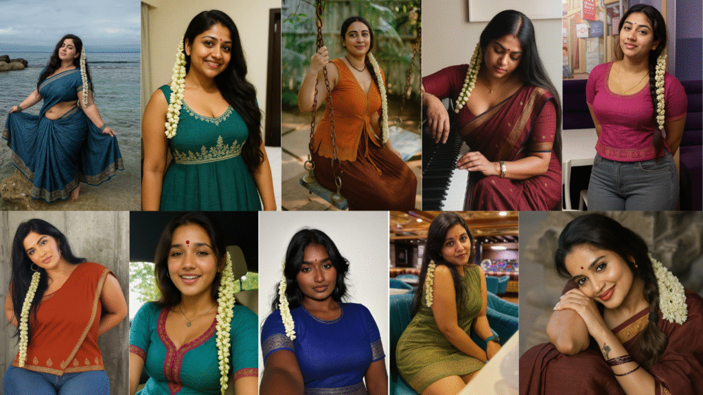 A collage of ten portraits of different Indian women, each adorned with white flowers in their hair, presented in two rows. Top Row, from left to right: A woman in a blue saree with a gold border stands in shallow ocean water, holding the fabric of her saree. A smiling woman in a dark teal dress with gold embroidery. A woman in an orange top and brown skirt sitting on a swing outdoors. A woman in a maroon saree with a gold border, sitting at a piano with her hands on the keys. A young woman in a magenta top and gray jeans, smiling. Bottom Row, from left to right: A woman in an orange top draped like a saree over blue jeans, leaning against a textured wall. A smiling woman in a teal top with red and gold trim, seated in a car. A woman with dark skin in a royal blue top with gold trim, looking directly at the camera. A woman in an olive-green sleeveless dress with a gold patterned hem, seated in a teal chair in an indoor setting. A smiling woman in a maroon saree with a gold border, leaning forward with her arms crossed.