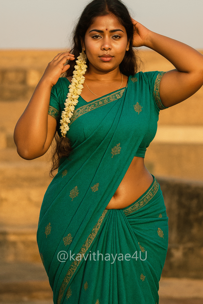 A young woman with long, dark hair, wearing a dark teal saree with a gold patterned border and gold motifs throughout the fabric. Her midriff is visible. She has her hands raised, touching her hair, and is looking directly at the camera with a neutral expression. A long string of white jasmine flowers is draped over her left shoulder and down her back. A delicate gold chain is visible around her neck. The text "@kavithayae4U" is watermarked in white at the bottom center of the image. The background is blurred, showing light-colored steps or structures in an outdoor setting.
