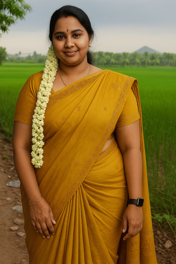A woman with dark hair pulled back, wearing a mustard yellow saree with a subtle gold border. She has a small red bindi on her forehead and is wearing a delicate gold chain. A string of white jasmine flowers is tucked into her hair and draped over her left shoulder. She is wearing a thin gold bangle on her right wrist and a black digital watch on her left. She is standing outdoors with a green paddy field in the background, and distant hills and palm trees visible under a slightly overcast sky. She is looking directly at the camera with a gentle smile.