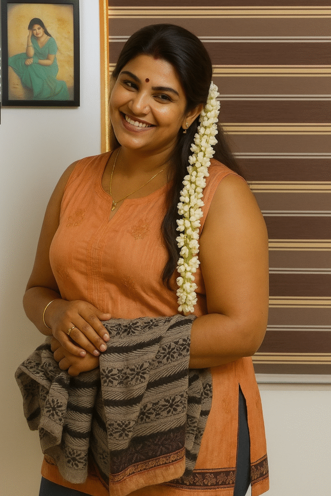 A smiling woman with dark hair, pulled back with a long strand of white flowers, stands in what appears to be an indoor setting. She is wearing an orange sleeveless top with slits on the sides and blue bottoms. A golden necklace with a small pendant is visible around her neck, and a ring is on her right-hand ring finger. Her hands are clasped in front of her, holding a folded brown and grey patterned cloth. In the background, to the left, a framed picture hangs on a white wall, depicting a woman in a green dress. To the right, part of a window with horizontal blinds is visible. The woman is looking slightly to her right and smiling broadly.