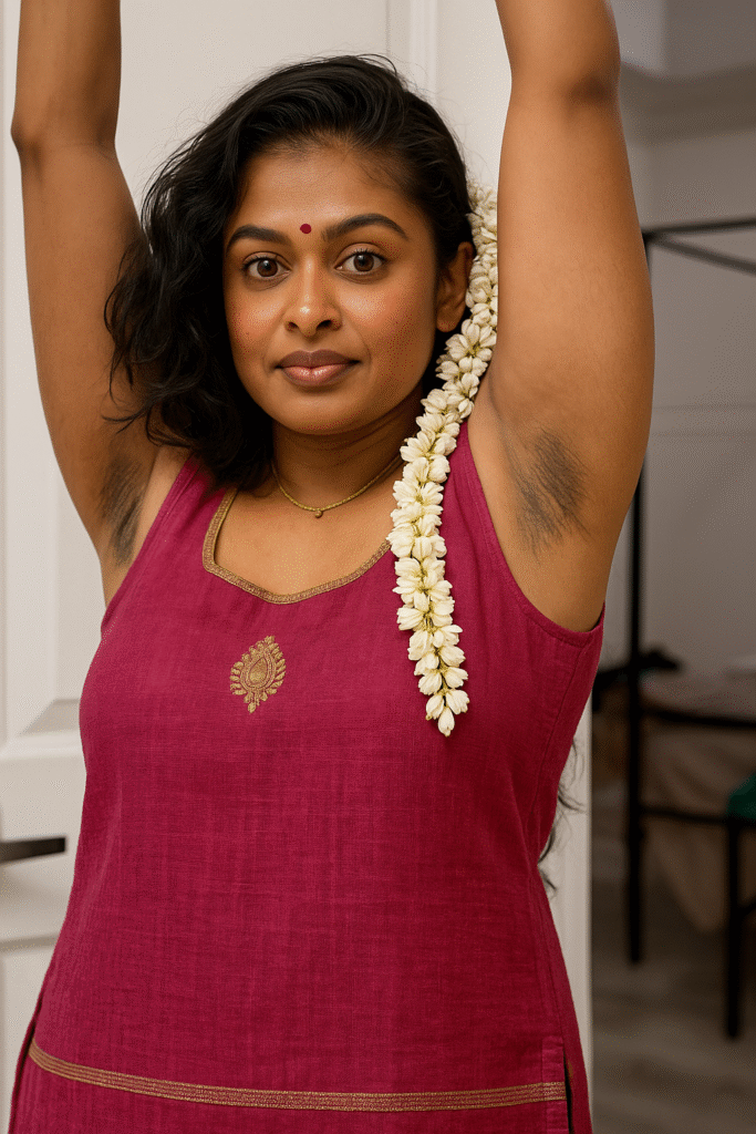 A woman with dark, wavy hair and a red bindi on her forehead looks directly at the viewer. She is wearing a sleeveless magenta top with a gold embroidered design on the chest and gold trim around the neckline. Her arms are raised above her head, revealing her armpits. A long strand of white jasmine flowers hangs from her left ear, extending down past her shoulder. She has a delicate gold chain around her neck. The background is simple and light-colored, suggesting an indoor setting.