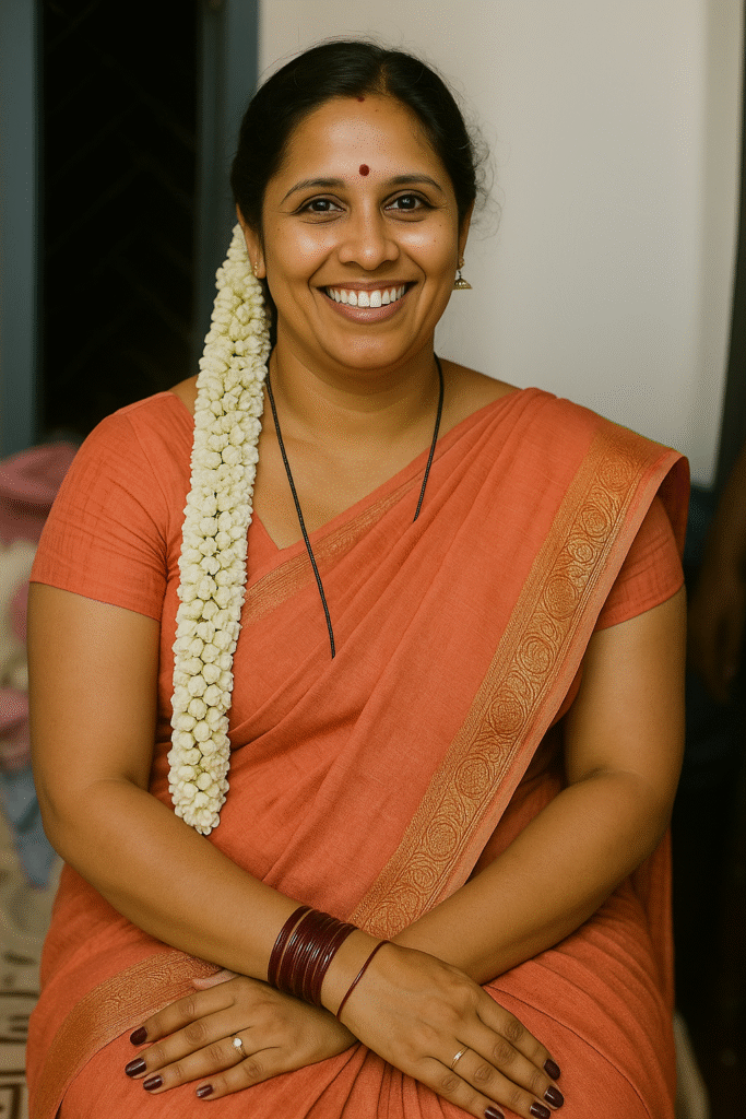 A smiling woman with dark hair pulled back and adorned with a long string of white jasmine flowers, sits looking directly at the viewer. She is wearing an orange saree with a gold patterned border and a matching short-sleeved blouse. A red bindi is visible on her forehead. She has a thin black necklace, a small gold earring in her right ear, and multiple red bangles on her left wrist. Both hands are clasped in her lap, and she has rings on her ring fingers and dark nail polish. The background is simple and slightly blurred, suggesting an indoor setting.