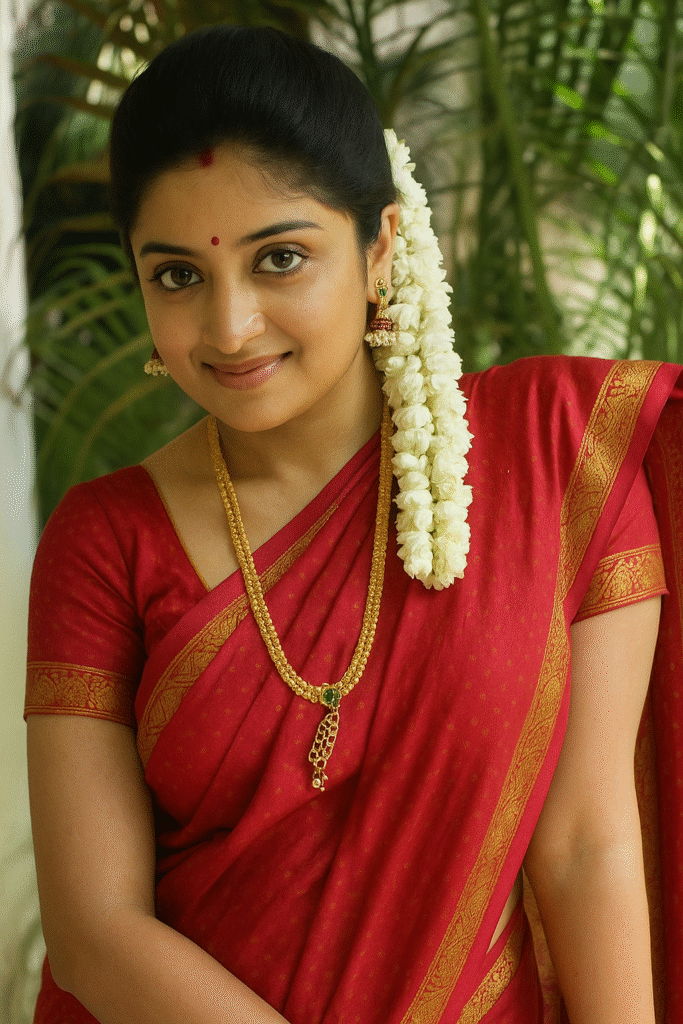 A smiling woman with dark hair pulled back and adorned with a long string of white jasmine flowers cascading down her left side. She is wearing a vibrant red saree with a thin gold border and a matching short-sleeved blouse. A red bindi is visible on her forehead, and she has large gold jhumka earrings and a long gold necklace with an emerald green pendant. She is looking directly at the viewer with a warm expression. The background is blurred green foliage.
