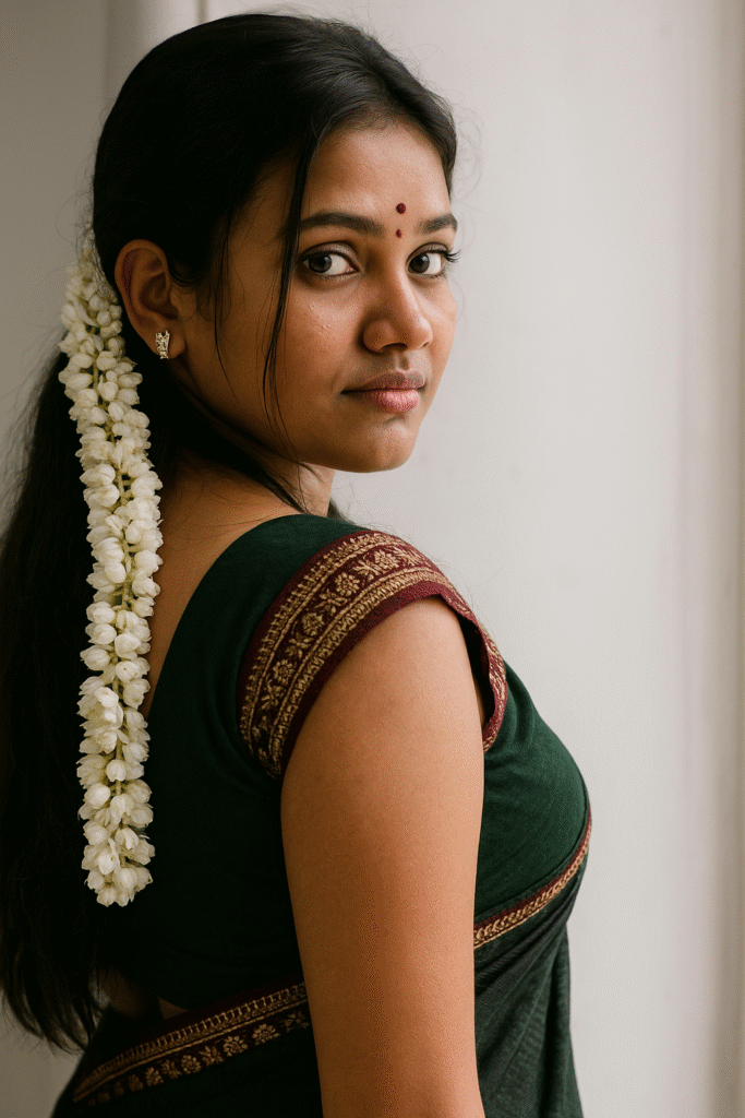 A young woman with long, dark hair, adorned with a long string of white jasmine flowers cascading down her left side. She is looking over her right shoulder directly at the viewer with a gentle expression. She has a small red bindi on her forehead and a tiny gold earring in her right ear. She is wearing a dark green saree with a maroon and gold patterned border. The background is a plain, light-colored wall.