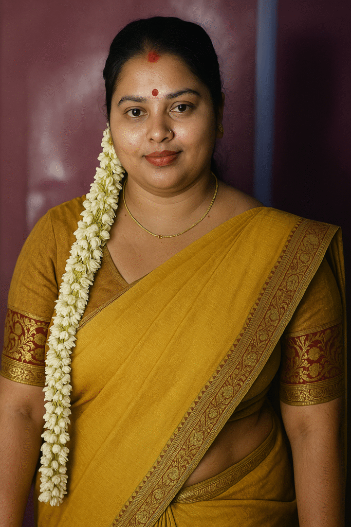 A medium shot captures a woman looking directly at the viewer with a slight smile. Her dark hair is pulled back, with a long, thick string of white flowers cascading over her right shoulder. A small red bindi is visible on her forehead, and her lips are painted a subtle red. She is wearing a mustard yellow saree with an ornate gold and red patterned border, and a matching short-sleeved blouse. A delicate gold chain with a small bead is visible around her neck. Her arms are gently resting at her sides. The background is a plain, dark purple or maroon wall. The lighting is soft and even, highlighting her features and the vibrant yellow of her saree.