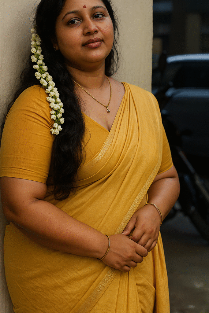 A medium close-up shot of an Indian woman standing slightly angled, looking towards the viewer with a gentle expression. She is wearing a mustard yellow sari and blouse, along with a delicate gold chain with a small pendant and two thin gold bangles on her left wrist. Her dark, wavy hair is loose over her left shoulder, adorned with a string of white jasmine flowers. A small red bindi is visible on her forehead. She is resting her right hand over her left. The background is softly blurred, showing a light-colored wall and a darker, indistinct shape behind her.