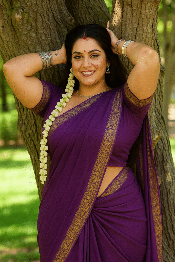 A medium close-up shot of a woman with light brown skin, dark eyes, and dark hair, smiling and looking directly at the camera. Her hands are placed behind her head, and a long string of white jasmine flowers cascades down her left side. She is wearing a deep purple saree with intricate gold patterns along the borders, paired with a matching blouse. A delicate silver necklace is around her neck, and a small red bindi is on her forehead. She has several silver bangles on both wrists. The background shows the textured bark of a tree on both sides, with soft green foliage visible in the distance, suggesting an outdoor setting.